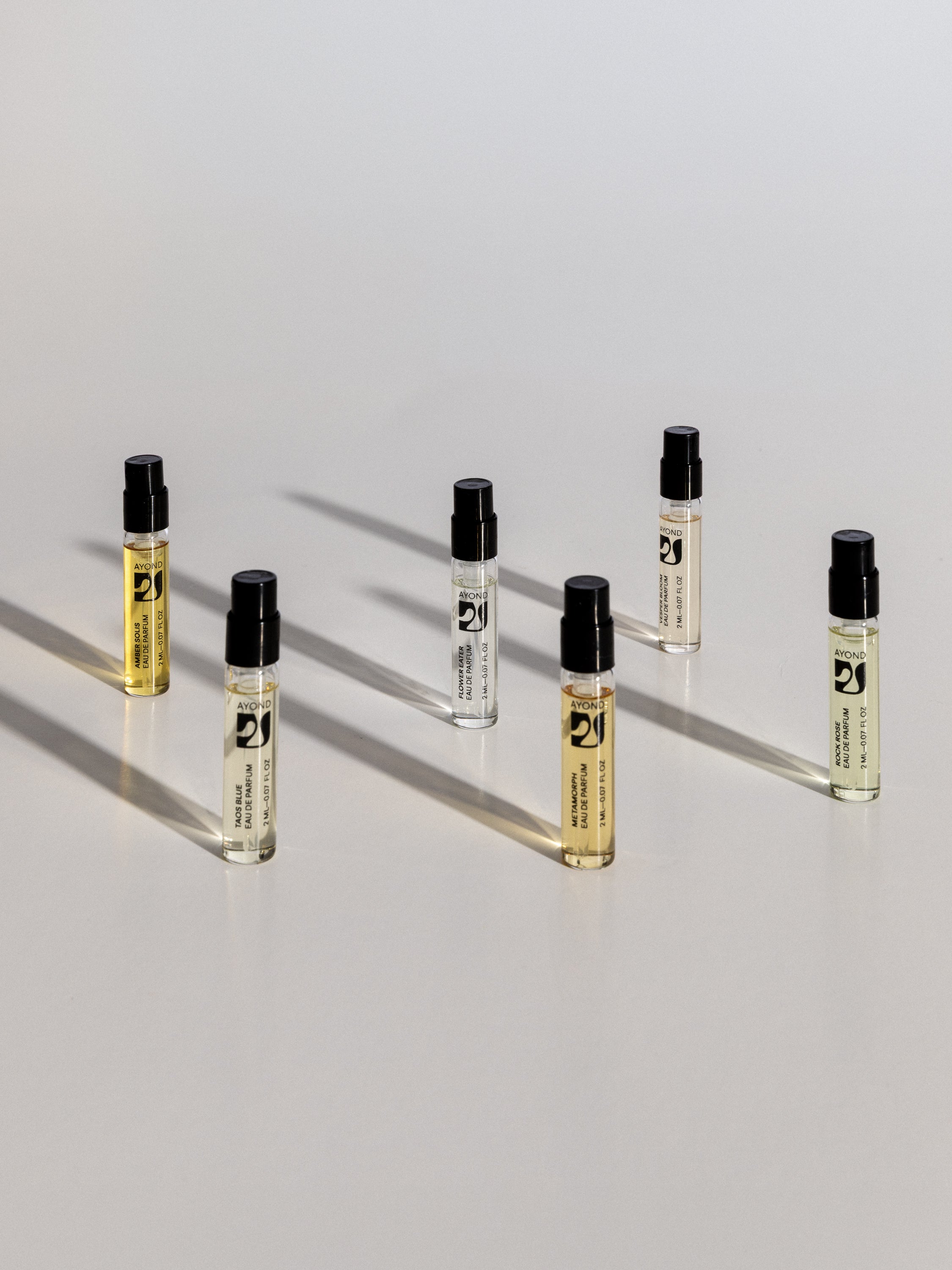 AYOND Fragrance Discovery Set sample vials lined up