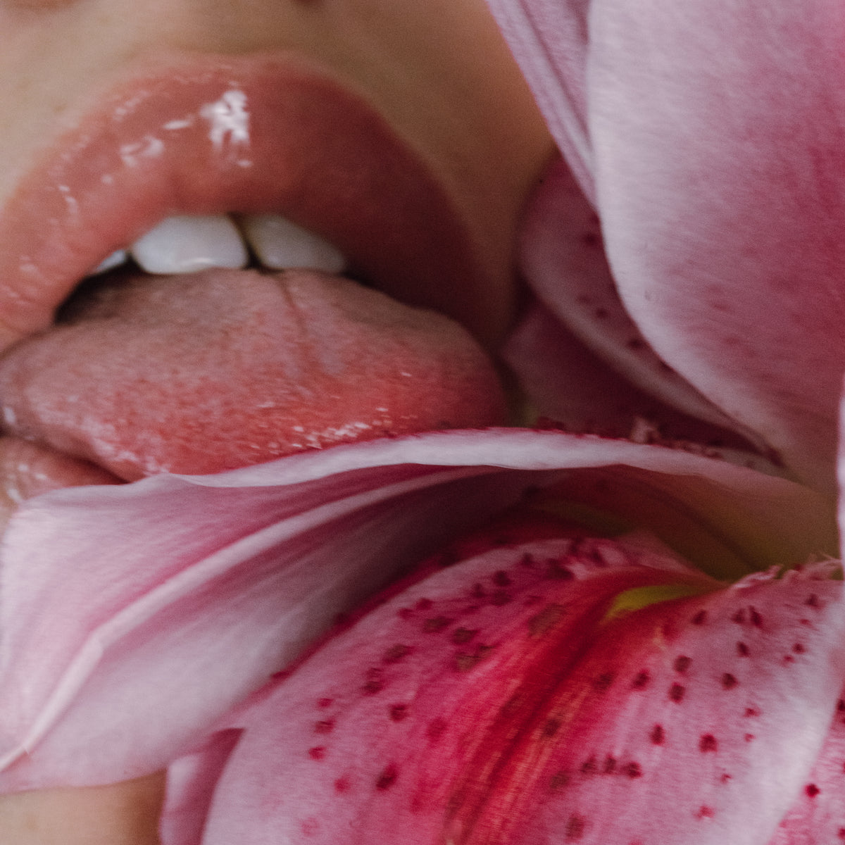 Close-up of lips beside a pink speckled lily